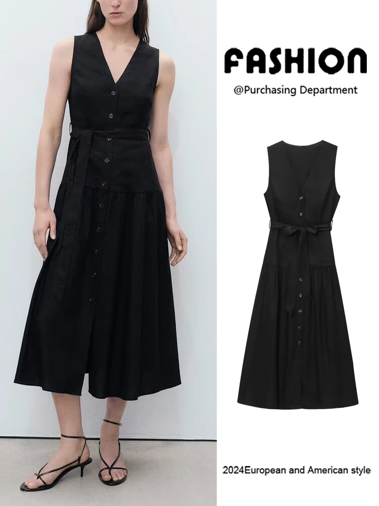 

Faionable V-Ne Svel Belted Linen Blend Midi Dr Women's Summer New Arrival Midi Dr High Waist Evening Gown