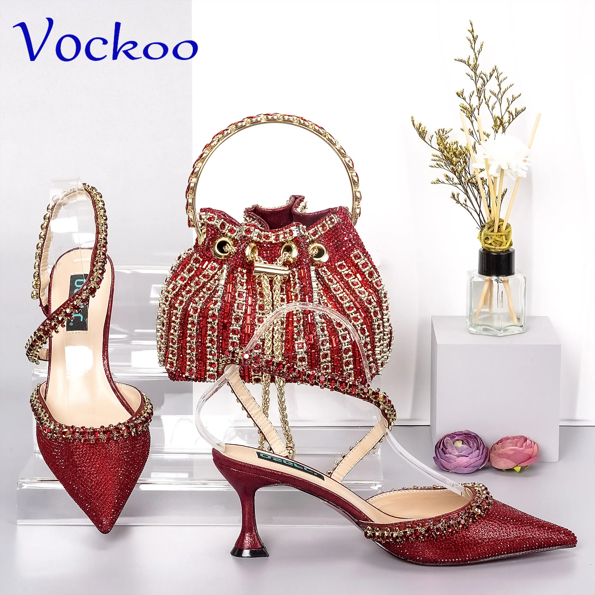 2023 Fashionable New Design Italian Women Shoes and Bag Set in Wine  Color Decorate with Rhinestone for Party