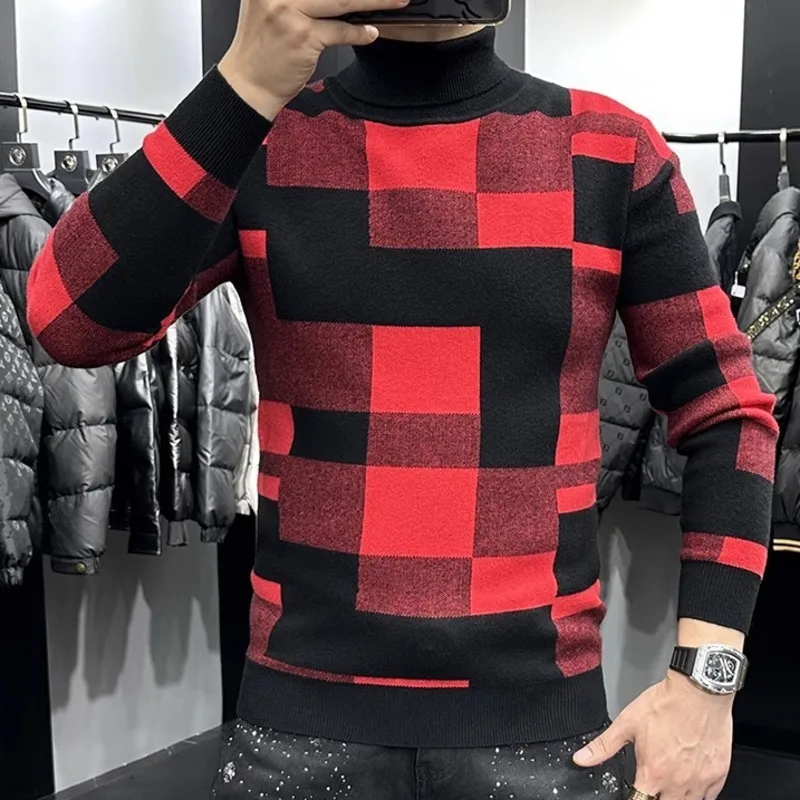 European Top Quality Men Pullovers Color Contrast Knitted Sweater Fashion Plaid Men Warm Keep Sweater Pullover Male Sweater