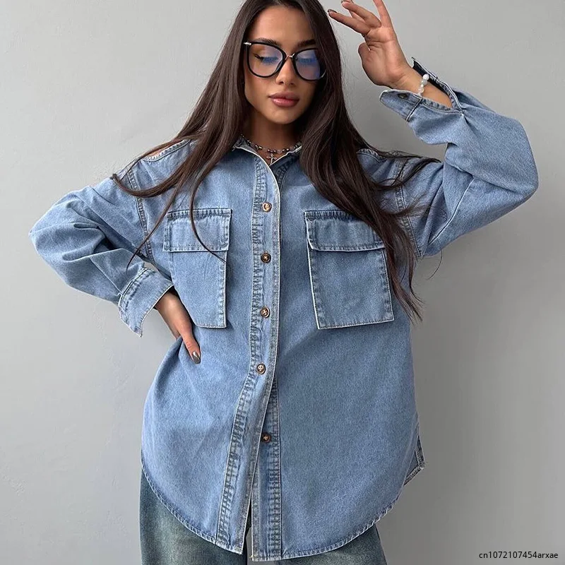 

Vintage Dark Blue Women Denim Shirt Autumn Winter Long Sleeve Lapel Loose Blouse Female Washed Jean Outwear