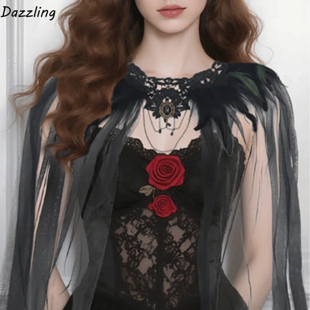 

Fashion Gothic Witch Shawl Feather Crystal Halloween Cloak Party Funny Tulle Cape Adults