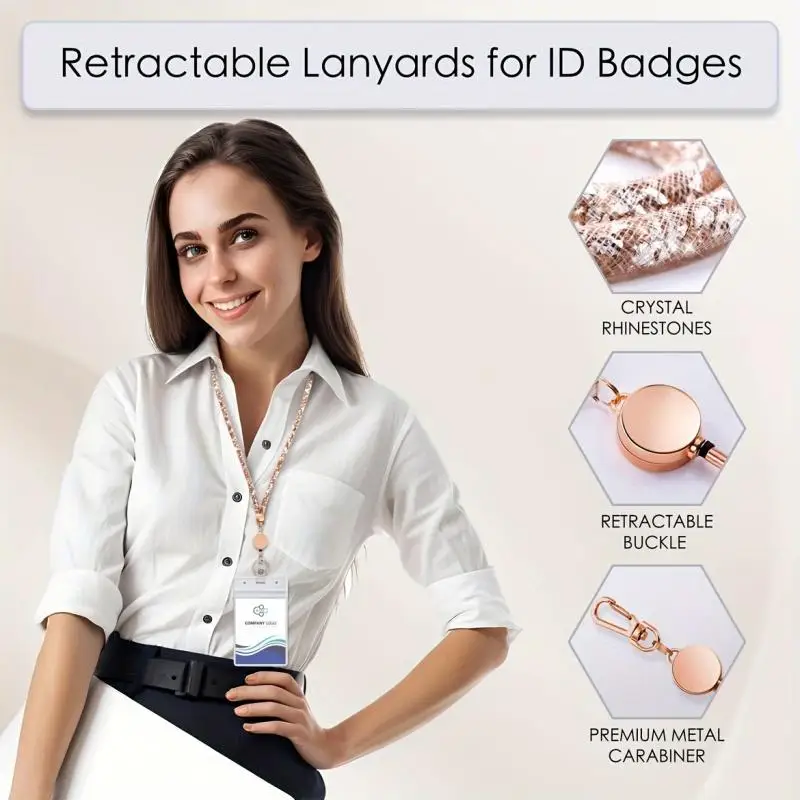 Bling Crystal Rhinestone Retractable Keychain Lanyard Fashion Neck ID Badge Holder Office Work Card Accessory