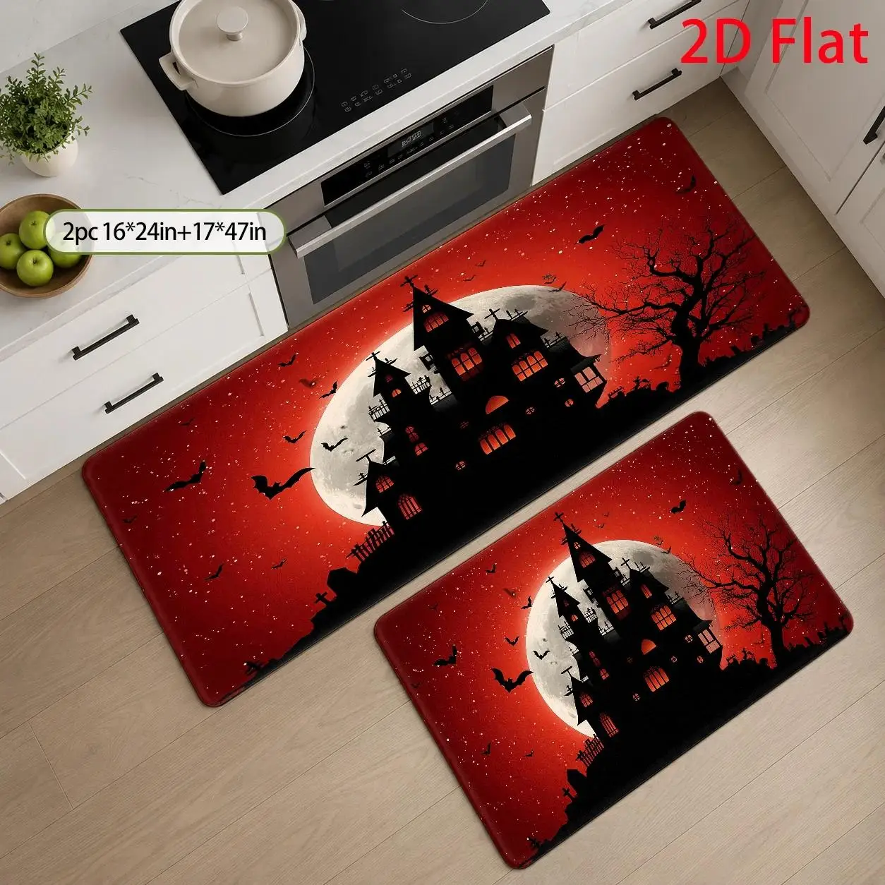 1pc, 2pcs, 3pcs, 2D Flat Kitchen Floor Mat Set, Spooky Haunted Castle Halloween Theme Floor Mat, Gothic Horror Design Style, Festive Season Decoration, Easy-to-Clean Decorative Kitchen Mat, Suitable for Kitchen, Bathroom, 2D Flat