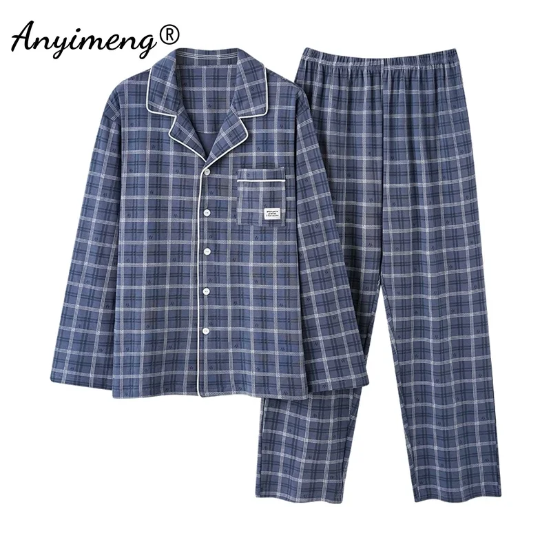 Autumn Winter Faux Cotton Men Pajamas Plaid Lapel Pijamas Long Sleeves Pants Two-piece Sets Pajama Bear Print Loungewear