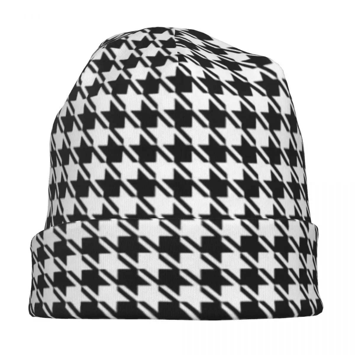 Houndstooth أبيض وأسود نمط دافئ محبوك قبعة الهيب هوب بونيه قبعة الخريف الشتاء في الهواء الطلق قبعات حريمي للجنسين الكبار