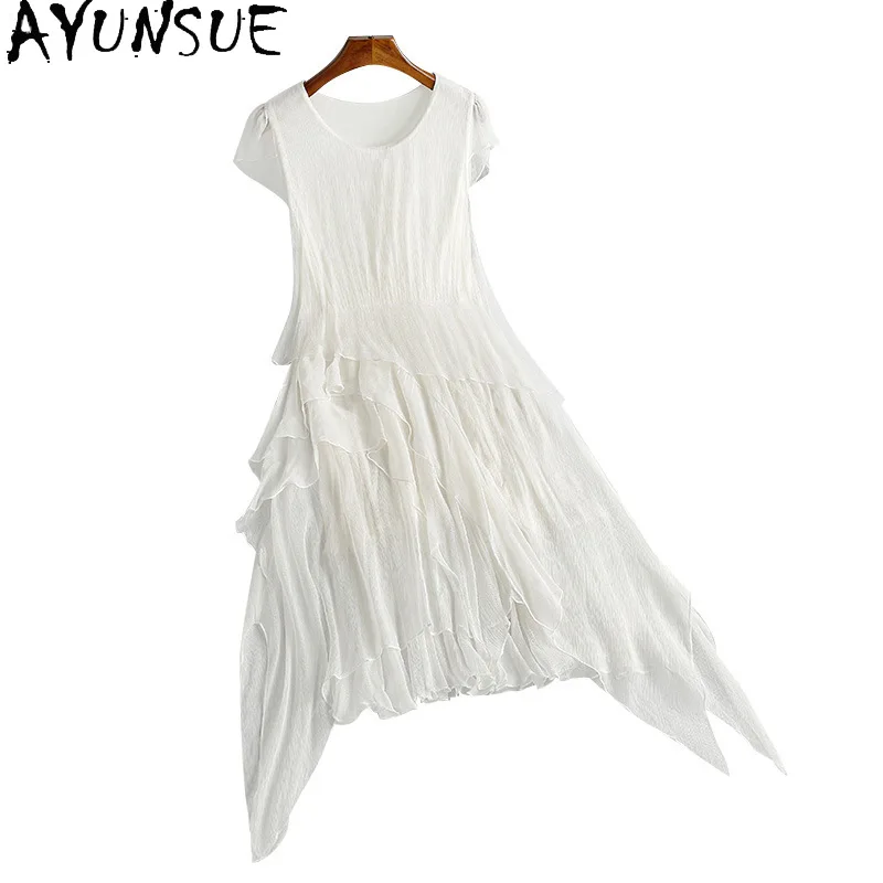 

AYUNSUE 100% Mulberry Silk Dresses 2024 Women Elegant Sleeveless Midi Dresses New Summer Beach Dress Womans Clothing Vestidos