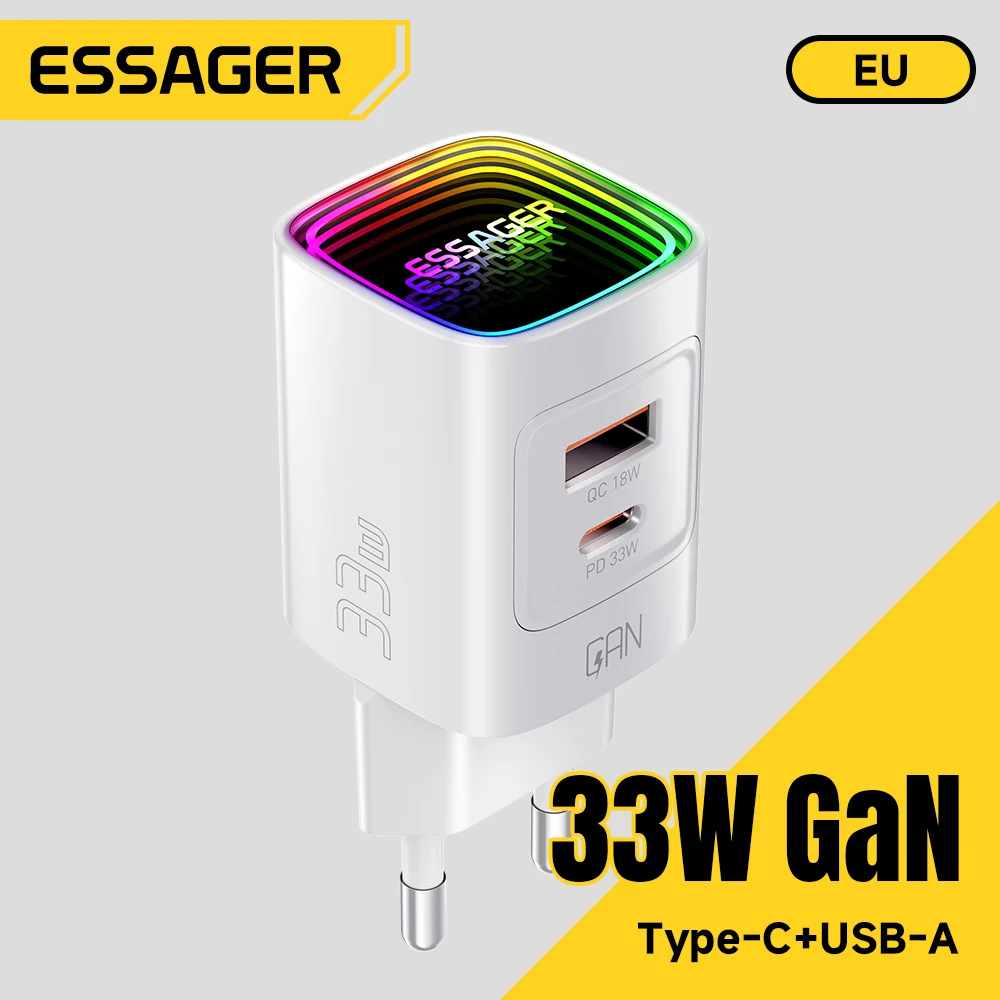Essager 33W GaN USB Type C Charger Neon Lights PD 3.0 Fast Charging For iPhone 17 16 15 Pro Max iPad Xiaomi Samsung Huawei OPPO