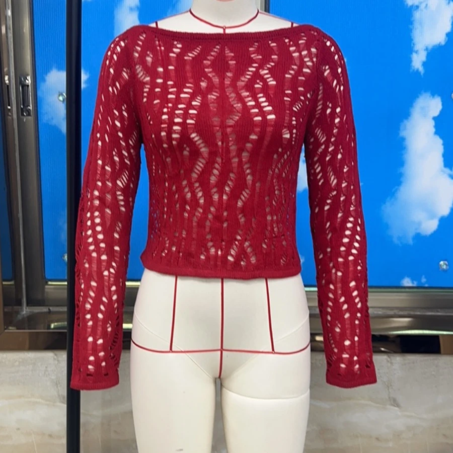 Hiphop Women Ripped Hollow Out Sweater Trendy Open Back Boat Neck Long Sleeve Cropped Knit Tops for Spring Fall