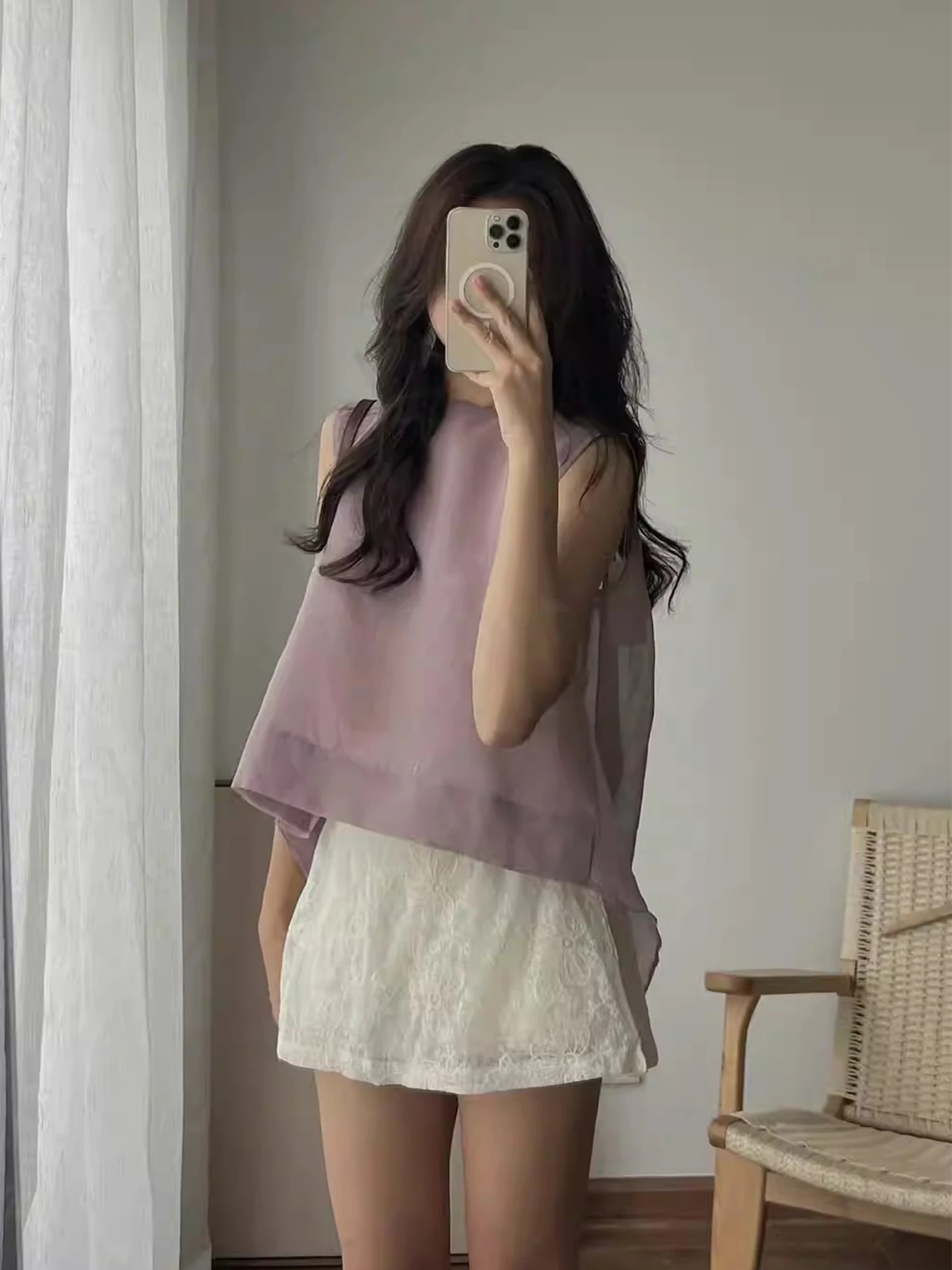 

Liangliang Elegant Mesh Back Tie Draped Sleeveless Shirt Women's Summer New High-End Sensation Beautiful Top Korean Style Loo...