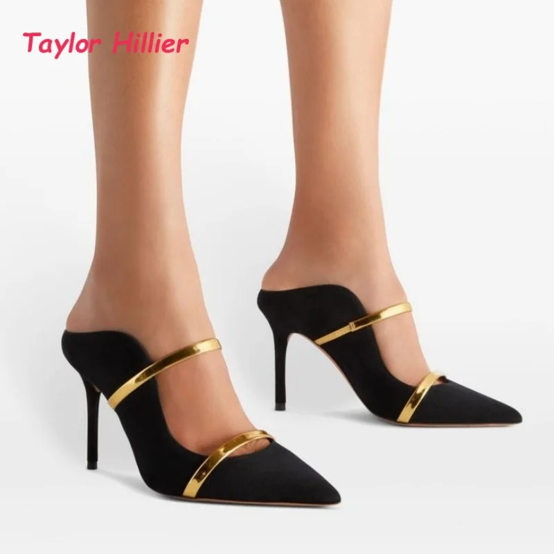Pointed Toe Stiletto Heels for Women Luxury Satin Mules Double Gold Band Formal Evening Party Dress Shoes Non-slip 2026 New