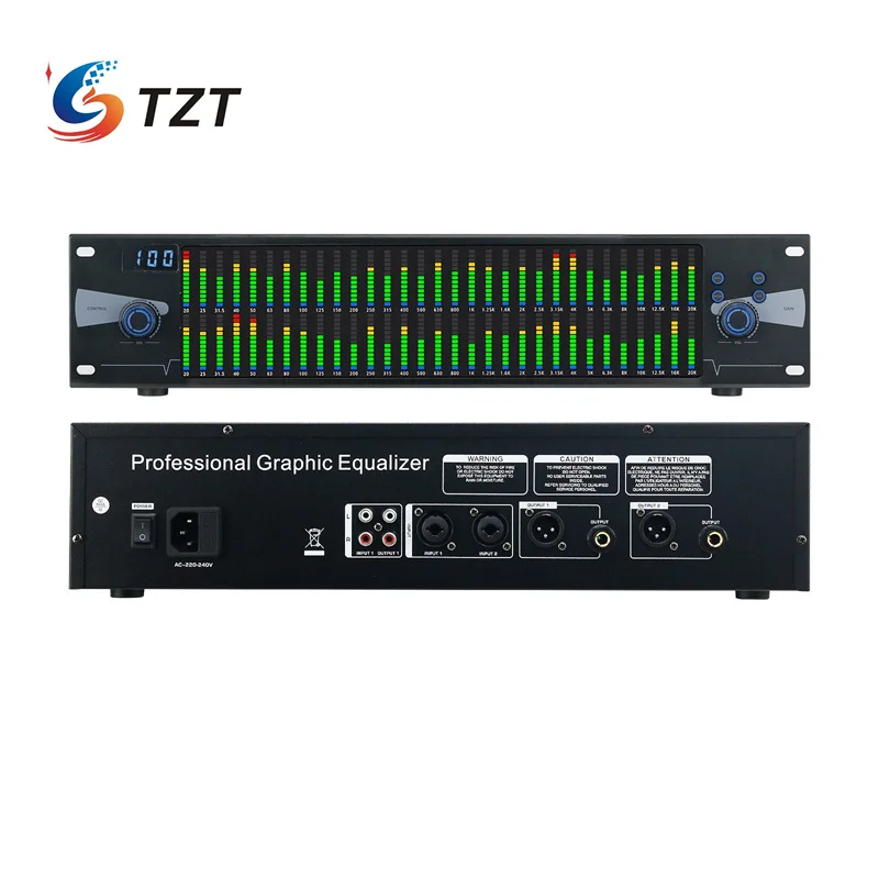 TZT Professional Graphic Equalizer Digital Equalizer Dual 31-Band Spectrum Display for Stage Home Uses