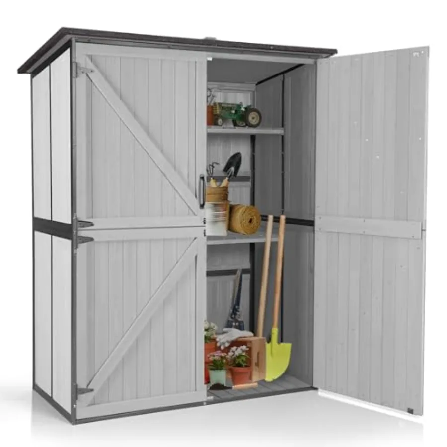 Outdoor storage shed with all-around metal frame, wooden floor, adjustable shelves, 55 L x 29 W x 67 H, off-white color, durabl