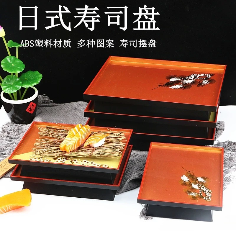 Japanese Sushi Plate Rectangle Cuisine Plate Lacquer Salmon Sashimi Plate Tableware Melamine Tall Tray
