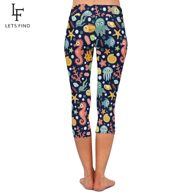 Women Capri Leggings 3d Hippocampus and Seaweed Print High Waist Mid-Calf Elastic Pant Casual Black Leggings for Summer