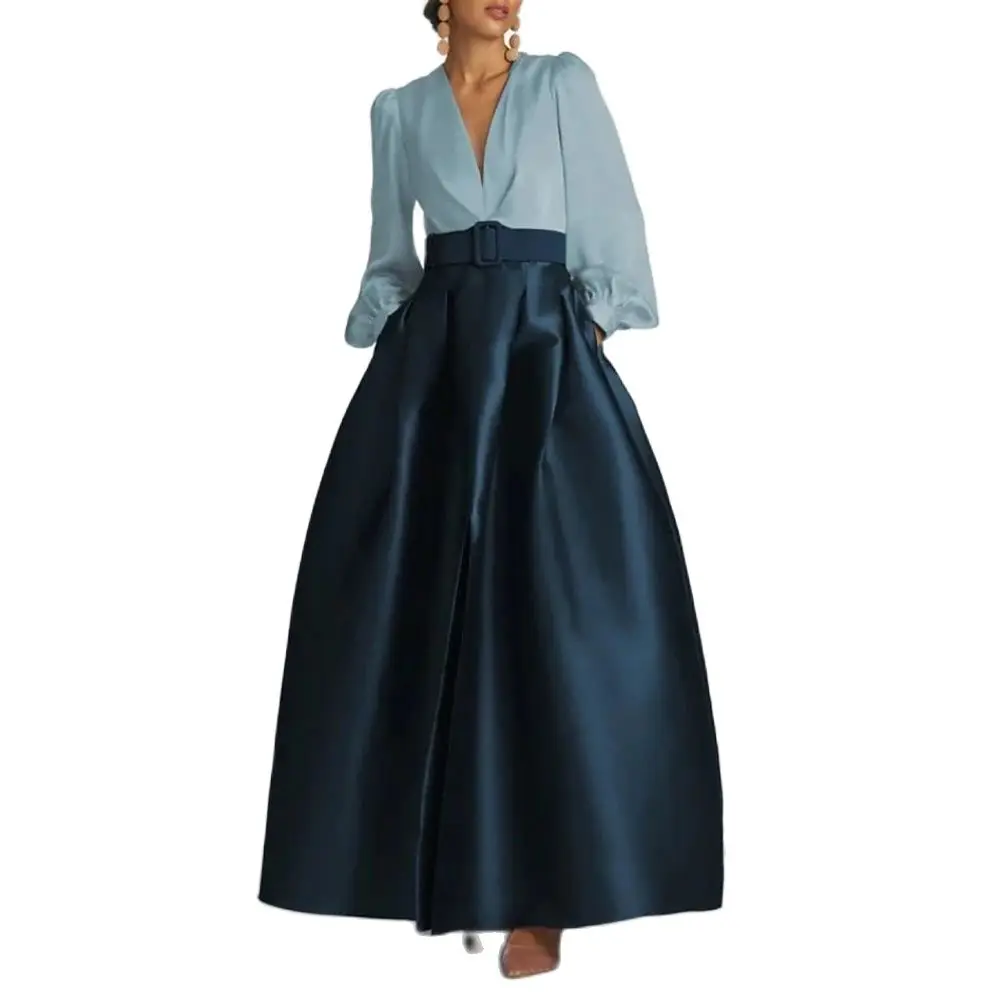 V-Neck Long Sleeve Floor Length Evening Dresses for Elegant Women Formal Occasion Prom Dress Chic Special Event Vestidos 2024
