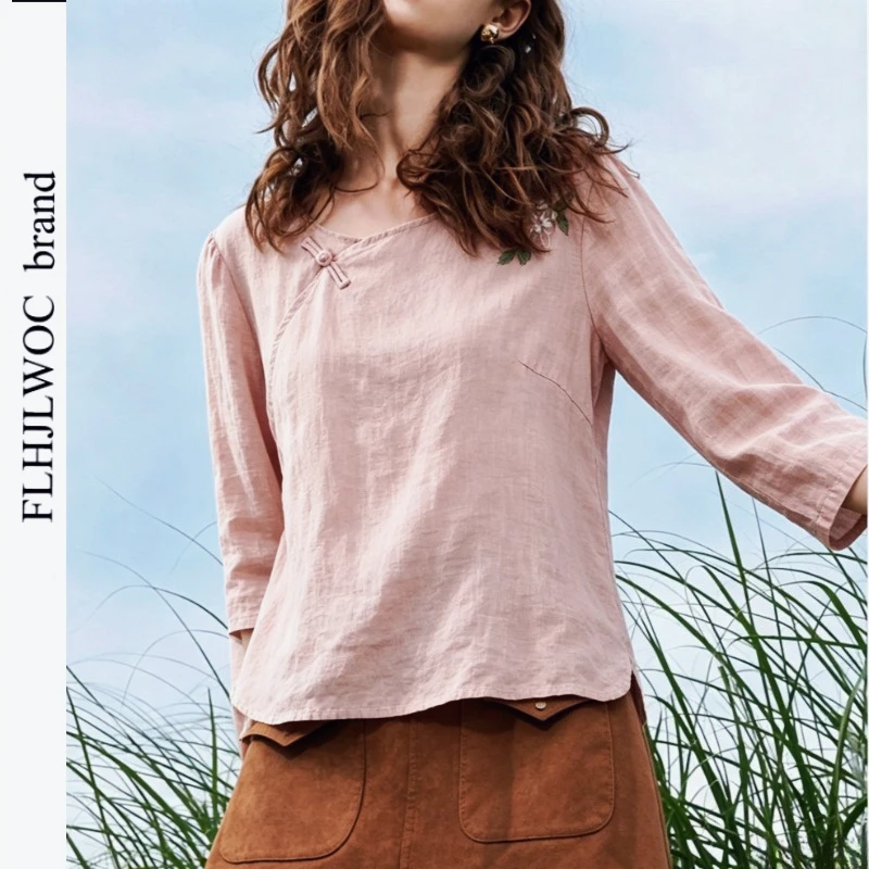 

Cotton Tops Blouses Women Retro Embroidery Blouse Literary Preppy Style Girls Casual Traditional Chinese Style Long Sleeve Shirt