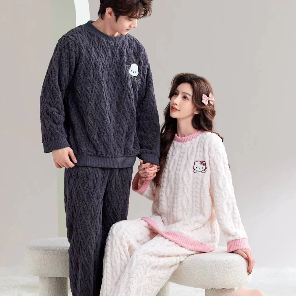 

Cartoon Hello Kitty Pochacco Men Women Couple Plush Pajamas Suit Sanrio Anime Winter Flannel Thick Cute Warm Homeclothes Suit