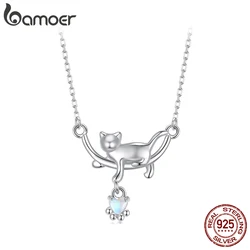 Bamoer 100% 925 Sterling Silver Cat Necklace Pet Animal Paw White Gold Moonstone Love for woman Daily Engagement Fine Jewelry