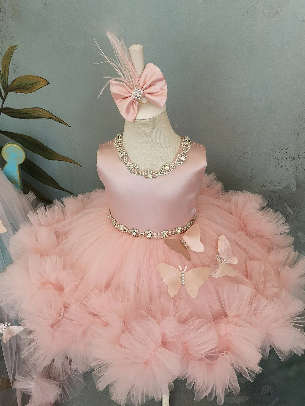 Vestido de baile de niña de flores para boda con tren desmontable, vestido de tul con volantes para niñas pequeñas, vestido de fiesta de cumpleaños para desfile