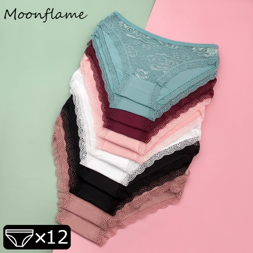 

Moonflame 12 PCS Underwear Women Panties Solid Color Cotton Sexy Lace Transparent Briefs