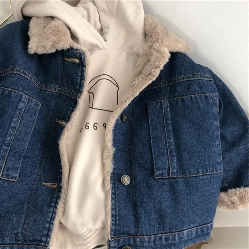 2024 Autumn Winter Children Big Boy Outerwear Coat Fleece Thicken Warm Toddler Boys Denim Jacket Kids Girls Parkas 2-11 Yrs