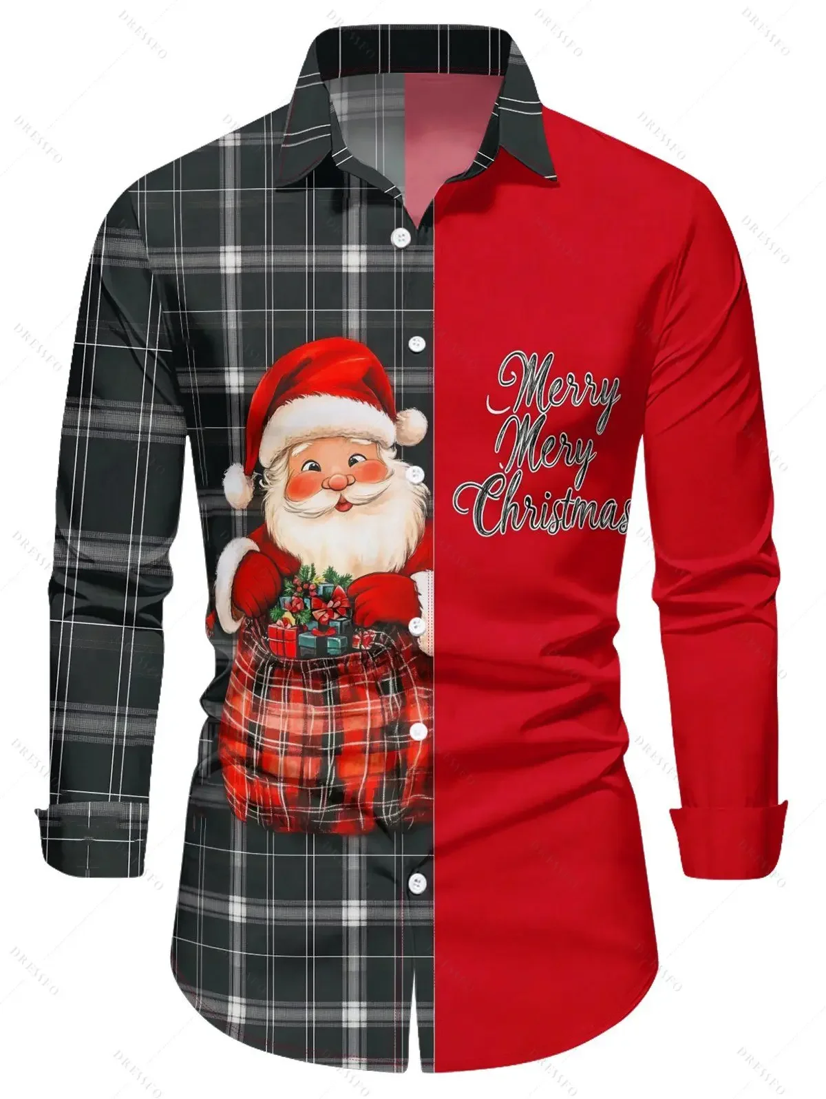 

Men's shirt 3D Santa Claus theme stitching printing fun long-sleeved Christmas lapel shirt casual New Year Christmas gift shirt