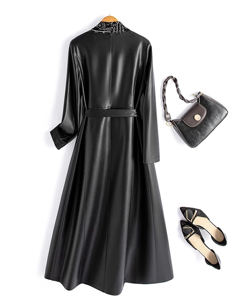 엘레 미디엄 길이 양가죽 가죽 코트 여성용 패셔너블 슬리밍 한국 스타일 봄 가을 신상품 윈드브레이커