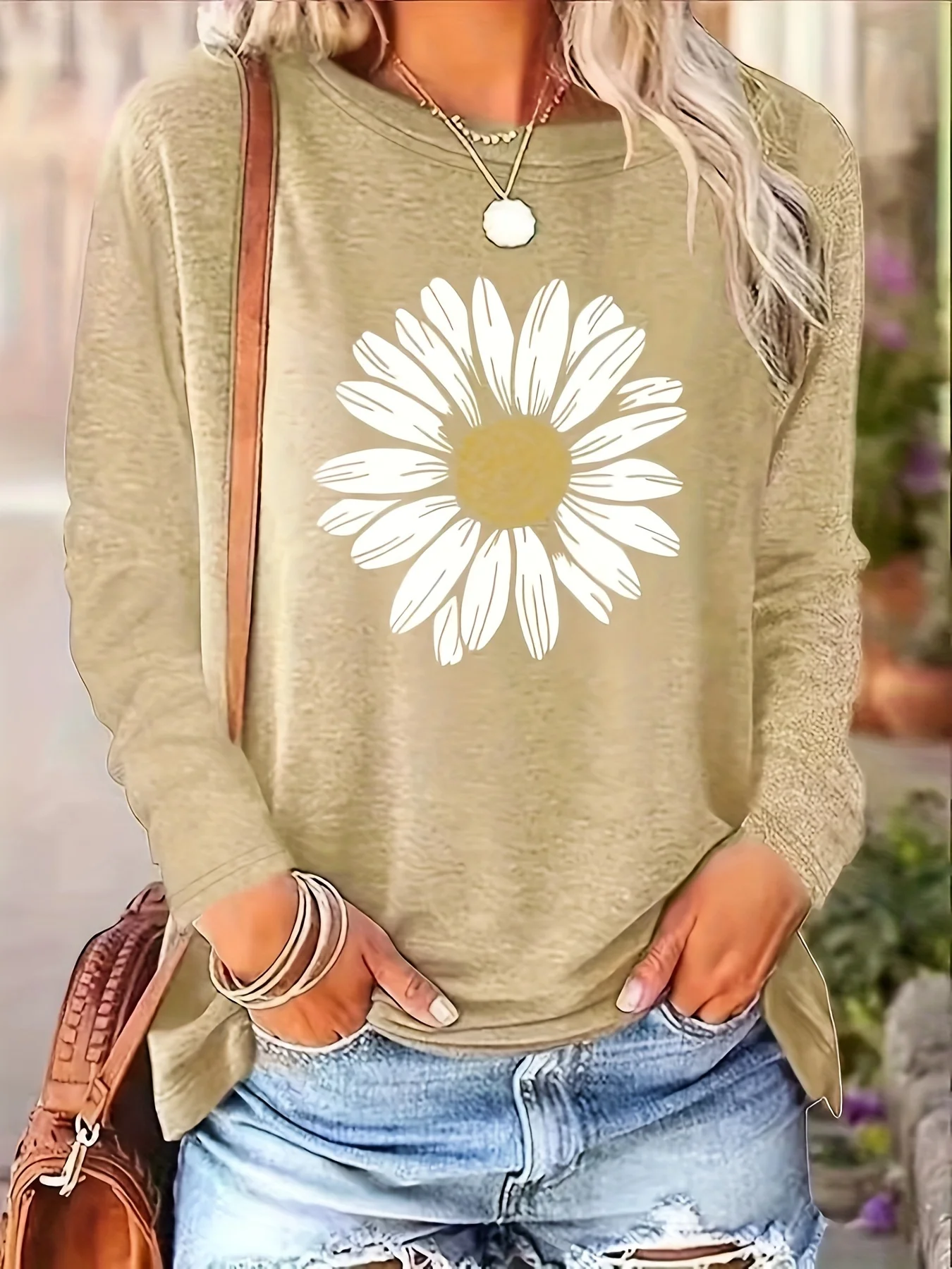 Sunflower Print Women\'s T-shirt  Graphic  Crop Top Plus Size Long Sleeve Blouse Women\'s Clothing Trend Female Shirts Cheap