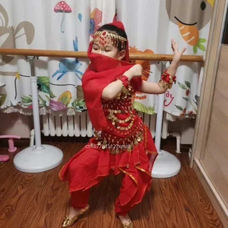 Детский костюм для индийского танца, топ с блестками, комплект вращающихся штанов, детское этническое выступление для танца живота для девочек