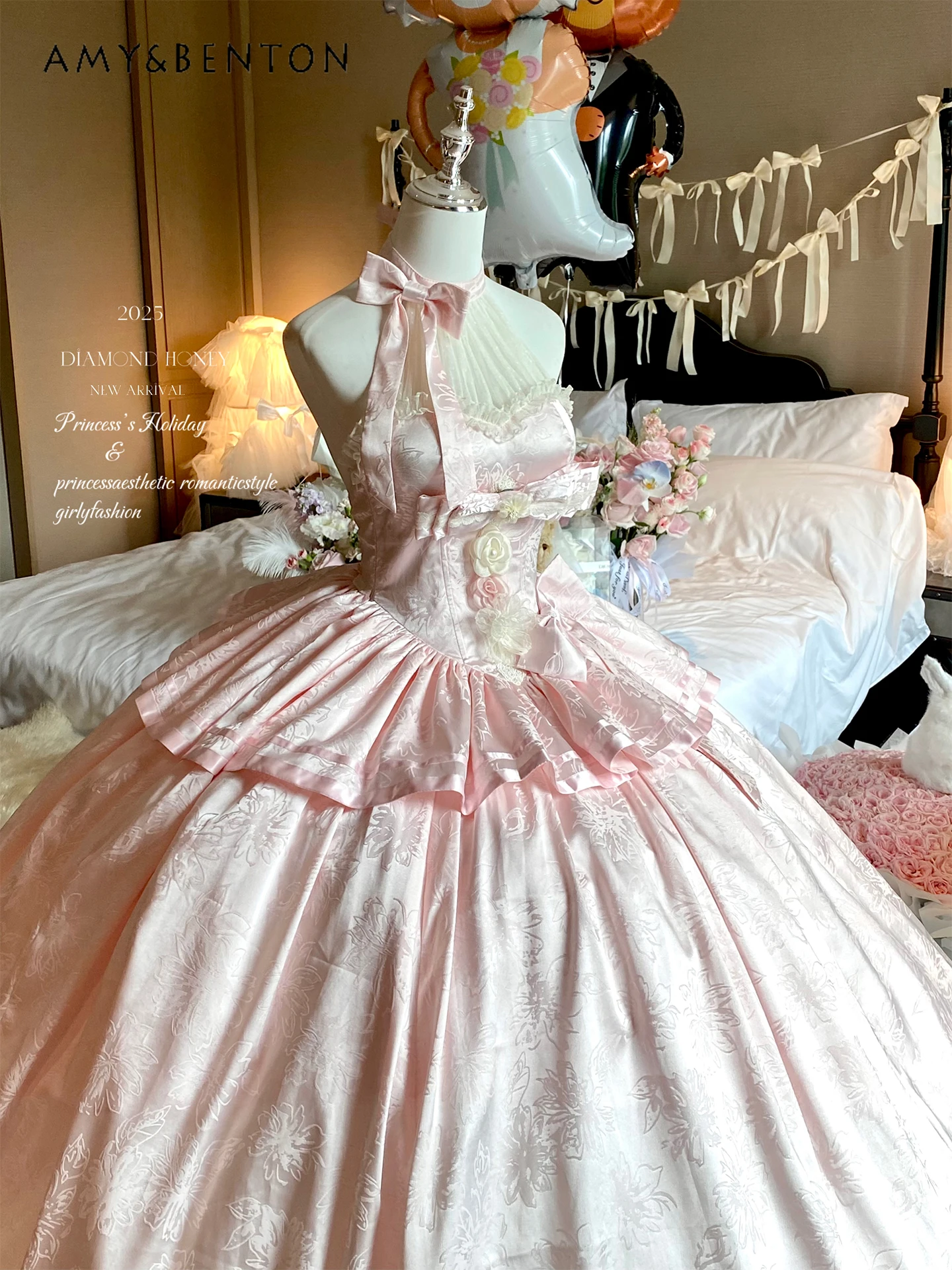 Vestidos de Noche de princesa elegantes y elegantes, vestido de cumpleaños para mujer, dulce Halter rosa, vestido romántico francés sin mangas de longitud media