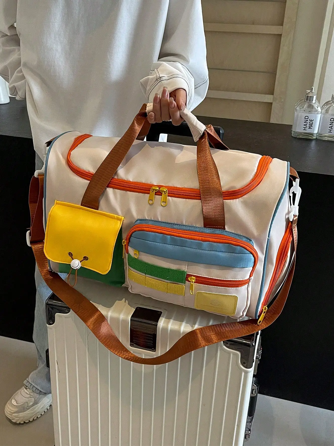 

A Set Of Campus Style Luggage, Lightweight, Foldable, Large Capacity, Front Multi Pocket Design With Contrasting Colors, And Equipped With Dry Wet Separation Straps And Item Straps. For Suitcase Overnight Bag Gym Bag Duffle Bag Weekend Bag Duffel Bag