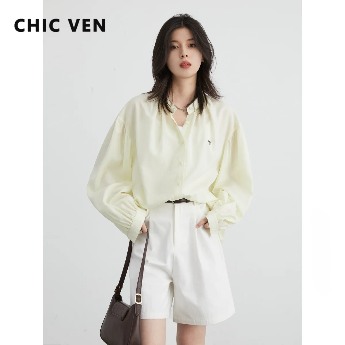 

CHIC VEN Women Shirts Fashion Standing Neck Long Slevee Blouses Korean Solid Loose Fold Design Female Tops Autumn New 2024