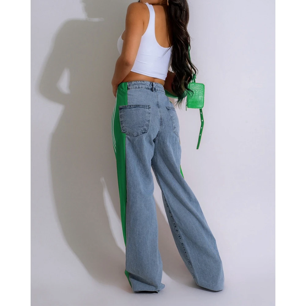 Women Side Striped Colorblock Wide Leg High Waist Jeans Female Casual Washed Denim Vintage Pants Summer Lady Long Trouses