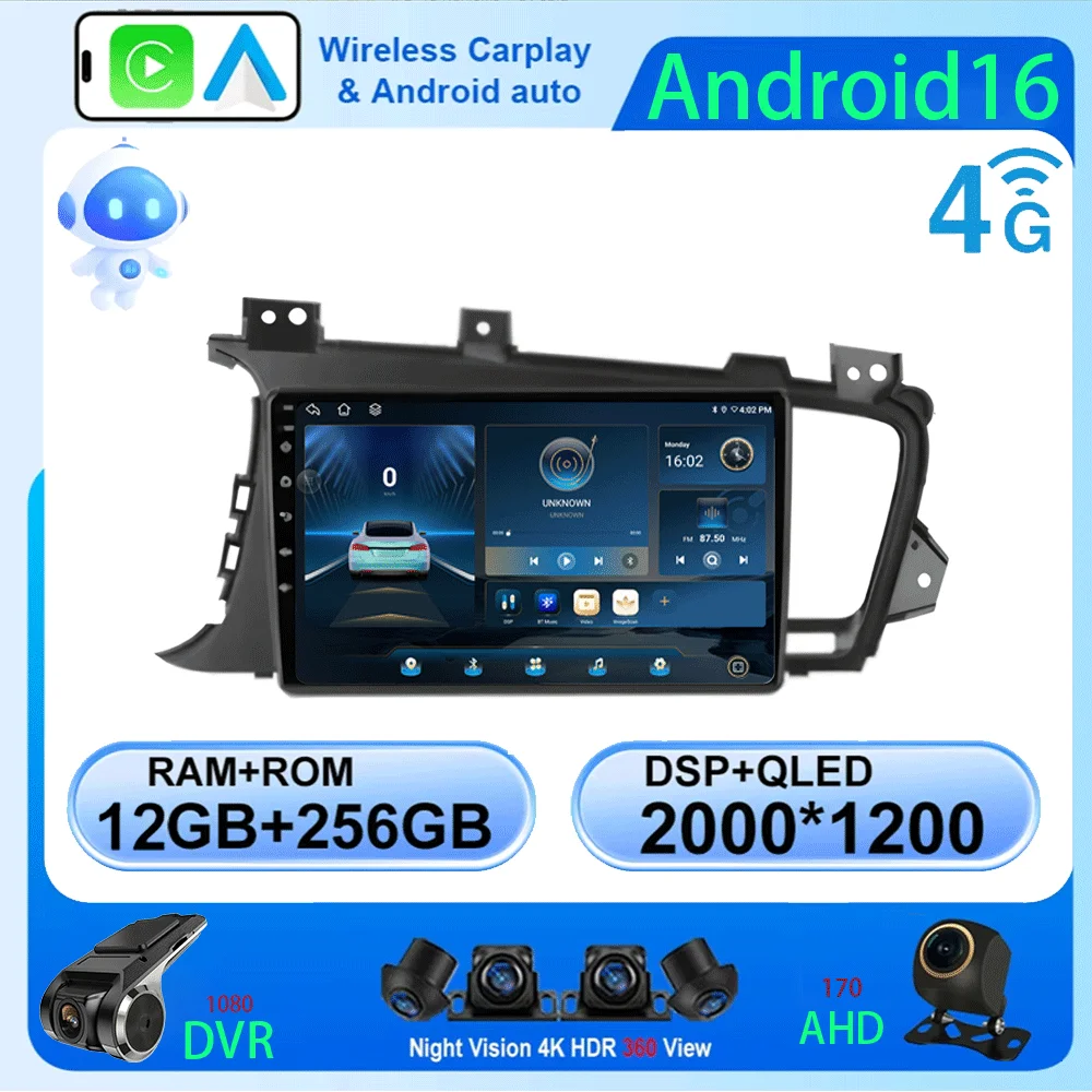 Android 16 Android Autoradio Multimedia Video player For Kia K5 OPtima 2010 - 2013  Gps Navi Stereo 4G WIFI Carplay 2din Screen
