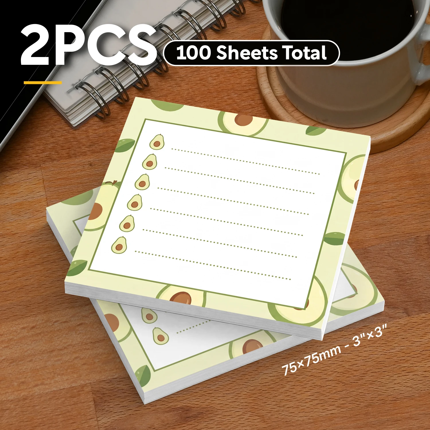 2pcs Avocado Lined Sticky Notes, 100 Sheets Total, 3x3 Inch Self Stick Memo Pads, Cute Square Sticky Note Pads with Avocado