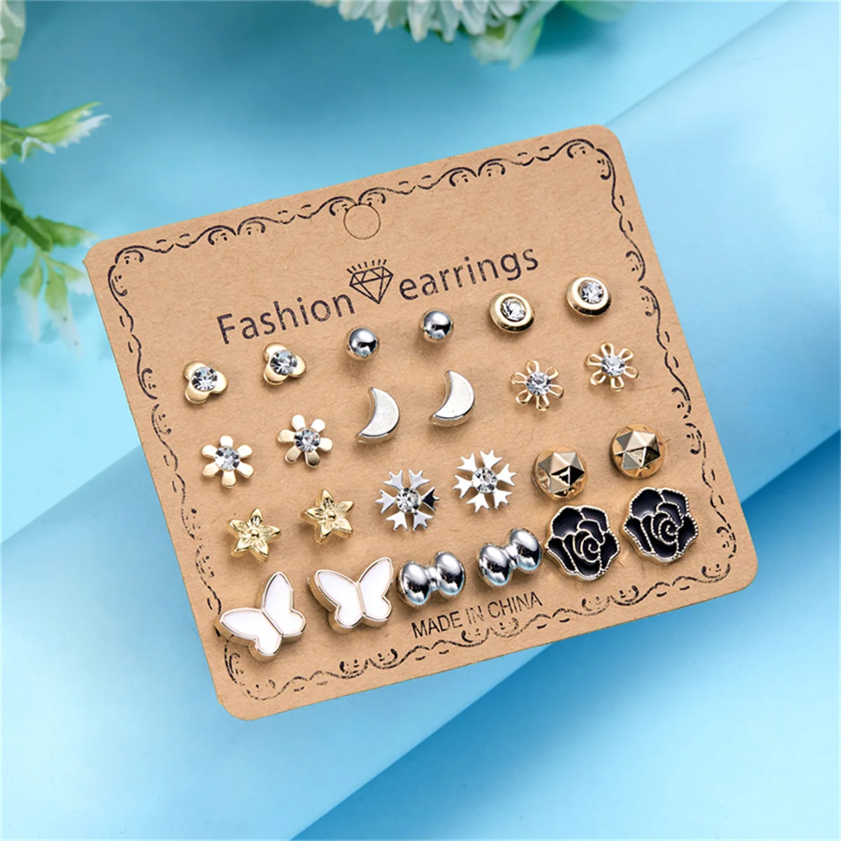 12Pairs/Set Trendy Love Heart Flower Stud Earrings For Women Vintage Zircon Imitation Pearl Star Butterfly Earring Party Jewelry