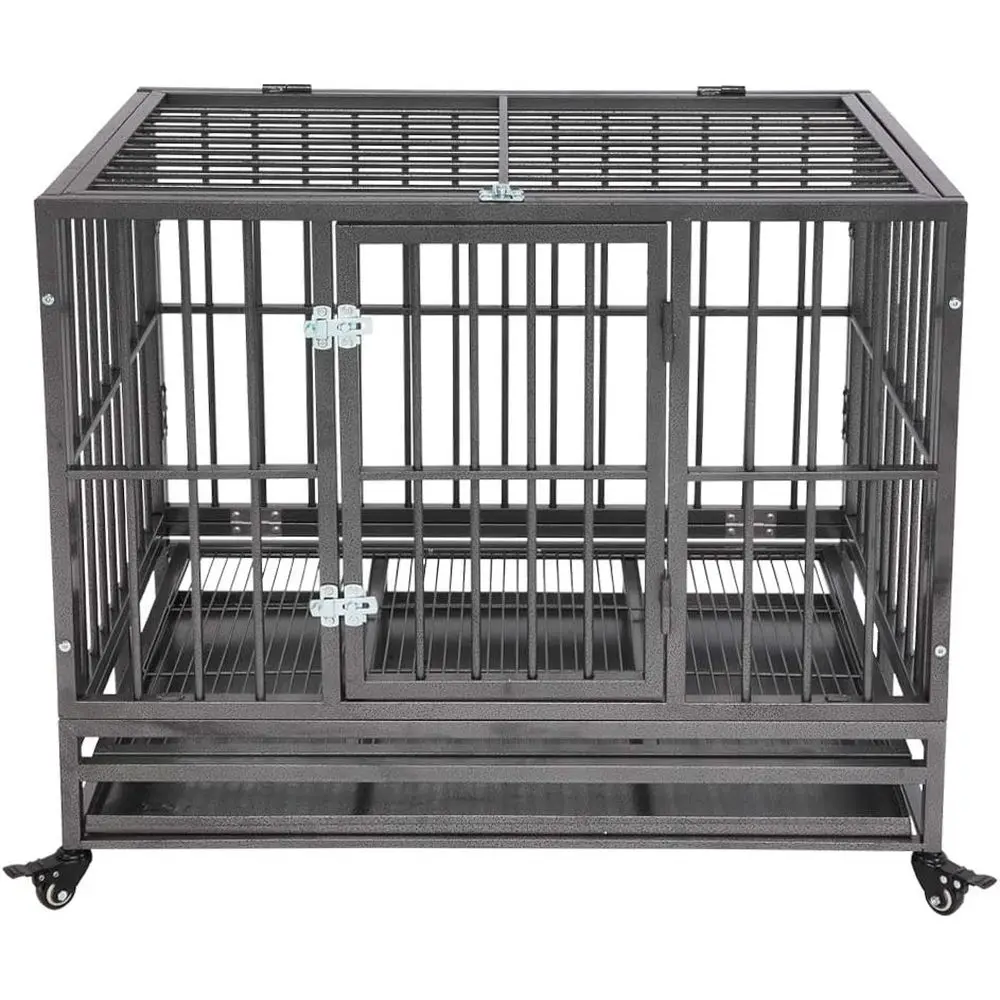 

Серый металлический ящик для собак с колесами, двойными дверцами, перегородкой и учебными функциями