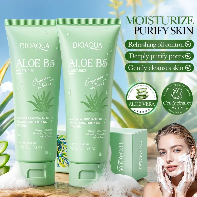 BIOAOUA Aloe Vera B5 Facial Cleanser Gentle Clean Skin Control Oil Refreshing Moisturizing Face Wash Foam Facial Cleanser