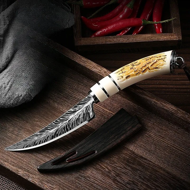 Feather pattern - Outdoor small straight knife, faux antler resin handle, vintage, suitable for camping, mountaineering, hiking