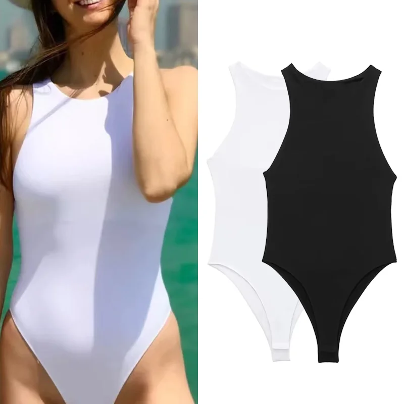 HXAO-Combinaison de batterie une pièce pour femme, corps sexy, décolleté ouvert, licou, noir, blanc, fibre, tendance, 2024