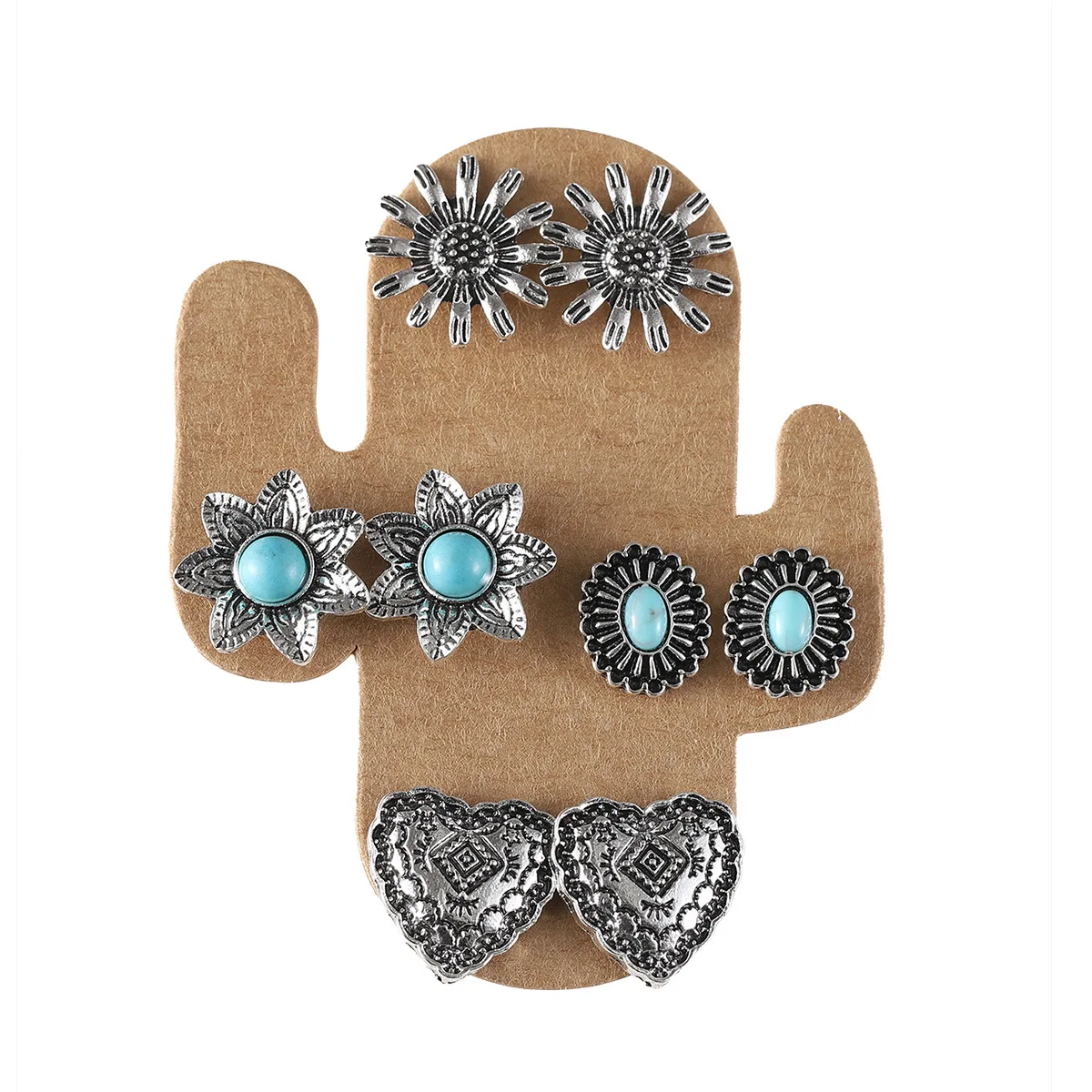 Vintage Silver Turquoise Western Bullhead Boots Flower Stud Earrings 4-Piece Set Geometric Zinc Alloy Studs for Women Fashion