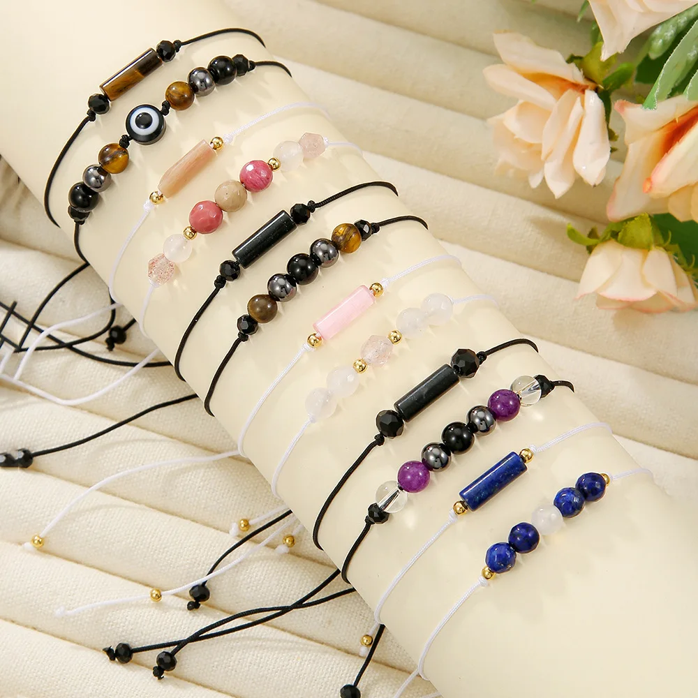 Meetvii 2pcs/set Natural Stone Charm Braided Bracelet Set Cylindrical Amethyst Tiger Eye Pink Crystal Couple Friendship Jewelry
