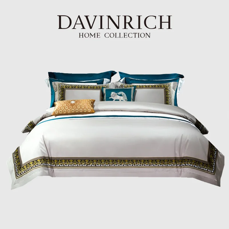 DAVINRICH Medusa Style Bedding Set Italian Luxury 140s Long Staple Cotton Gold Pure Color Comforter Set Luxurious Hotel Style