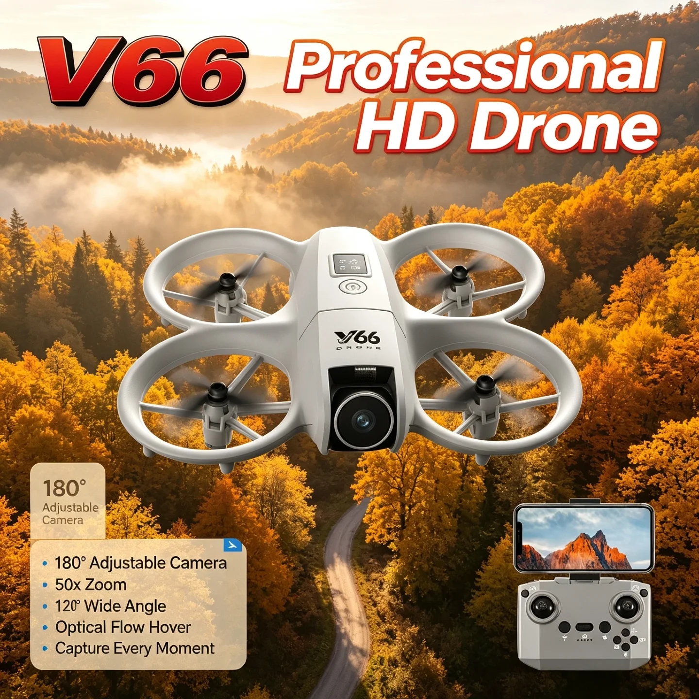 V66 4K/6K/8K Camera HD Drone – 180° Adjustable Camera, 50x Zoom, 120° Wide Angle, Optical Flow Hover, Capture Every Moment