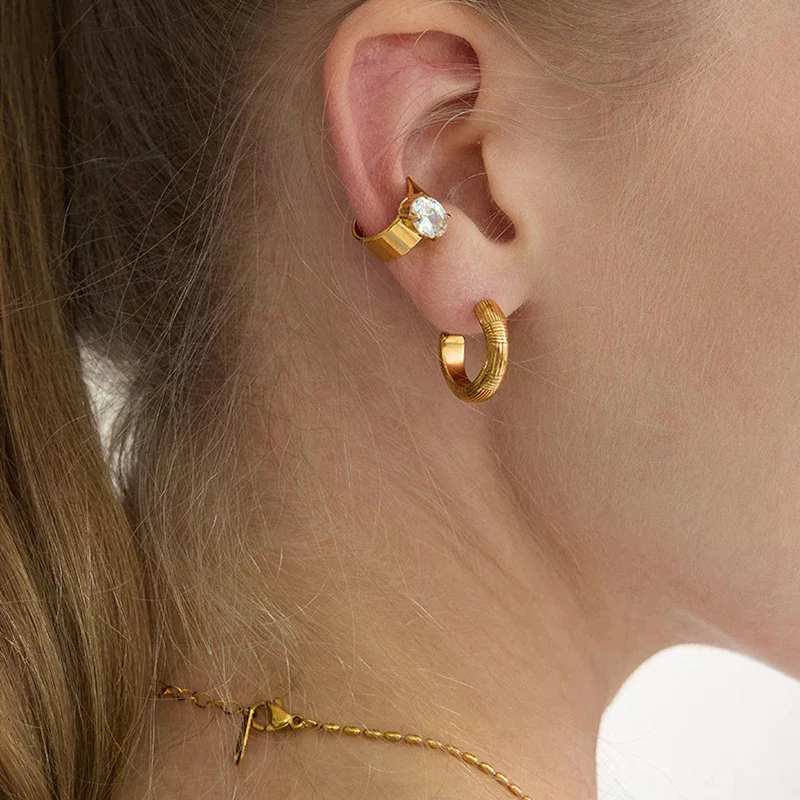 Geometric Cubic Zirconia Earrings For Women Minimalist 18K Gold Plated Stainless Steel Clip Earrings Fashion Jewelry