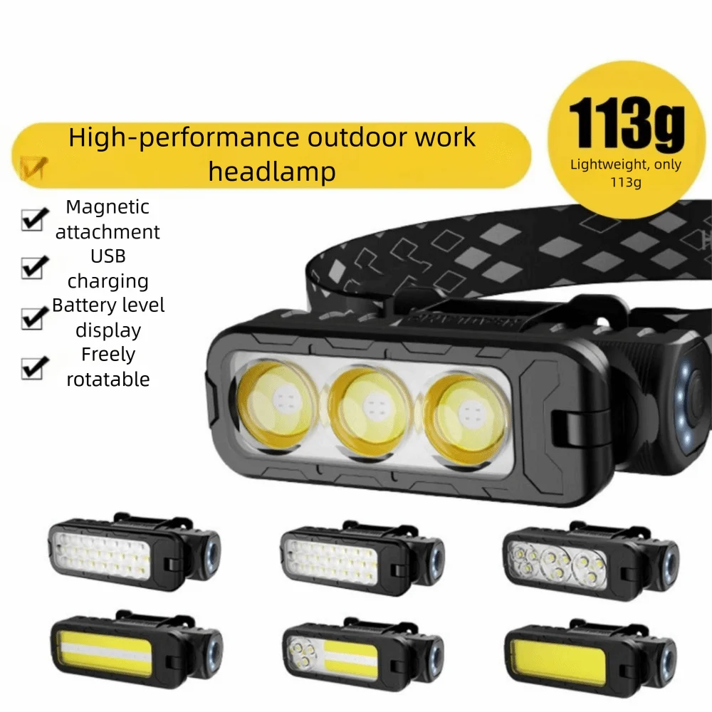 High Bright COB LED Work Light 4 Level Dimming 180° Rotating Portable Flashlight 6 Modes Magnetic Base USB Rechargeable Headlamp