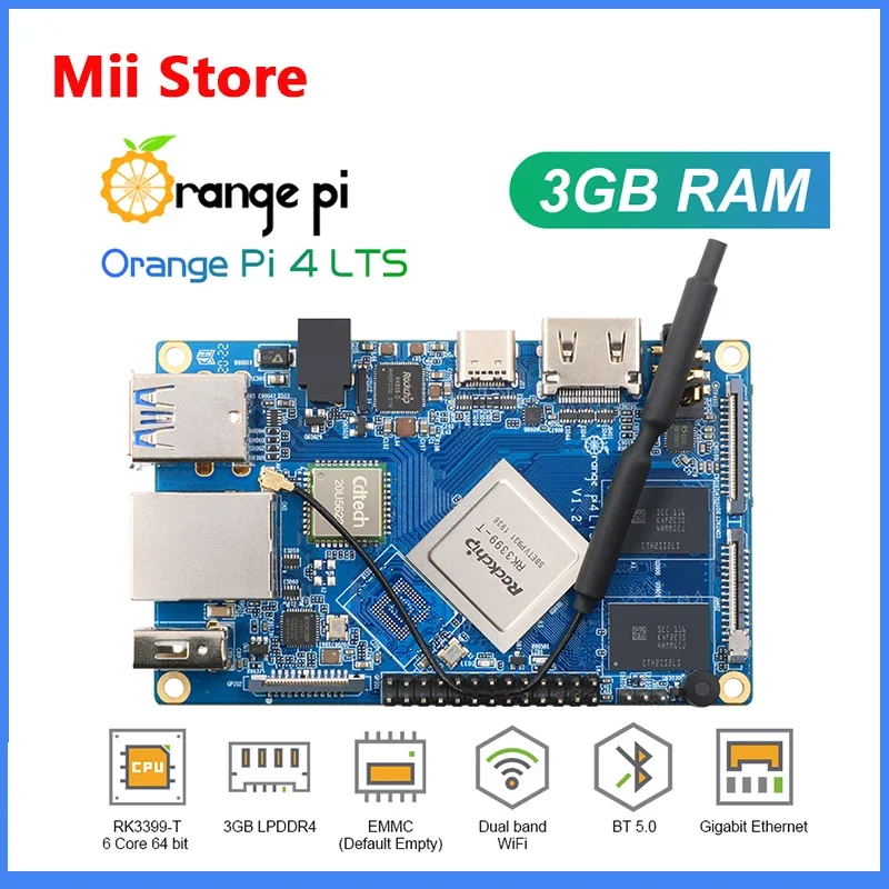 Orange Pi 4 LTS 3GB RAM Rockchip RK3399, mendukung Wifi + BT5.0,Gigabit Ethernet, Run Android,Ubuntu,Debian OS