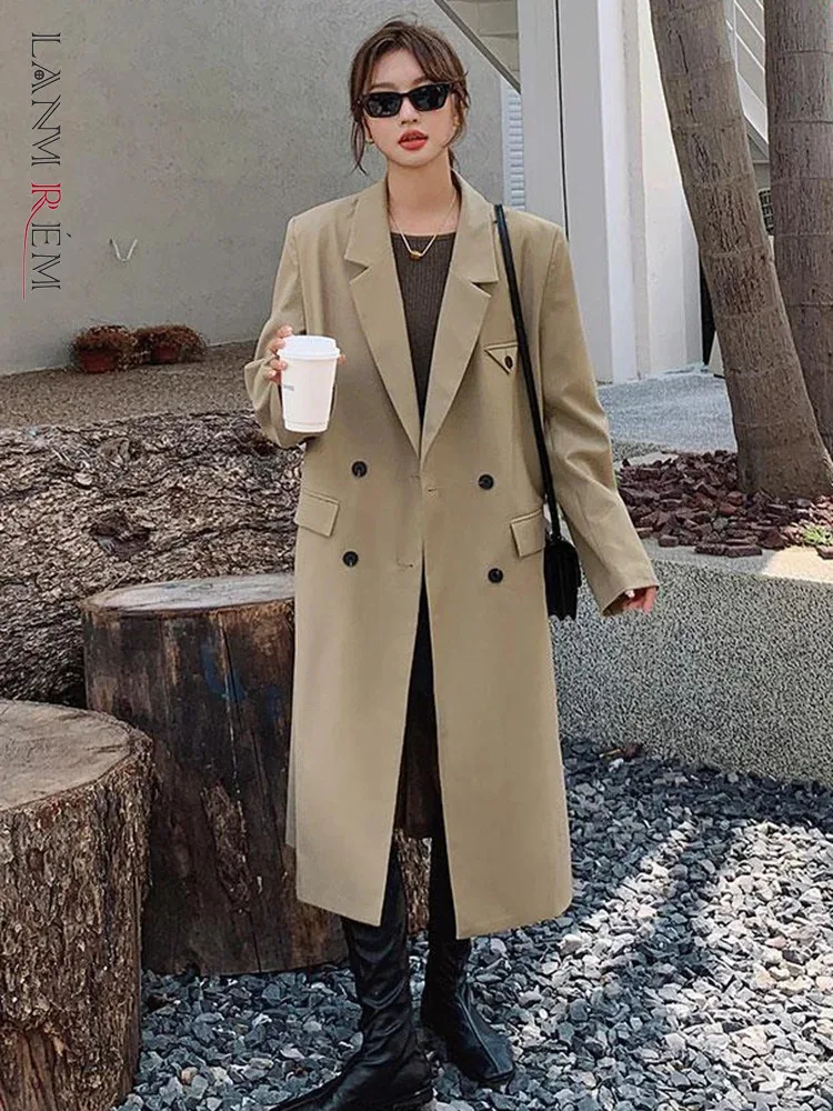 

LANMREM Office Lady Long Blazer Women Notched Collar Double Breasted Solid Color Coat Fashion 2024 Spring New Clothing 2AA4360