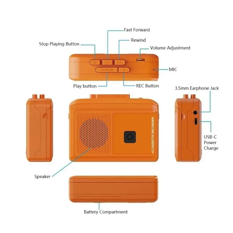 652F 배터리 작동 테이프 플레이어-MP3 변환기(헤드폰 스피커 및 홈 스테레오 시스템용 오디오 출력 포함)
