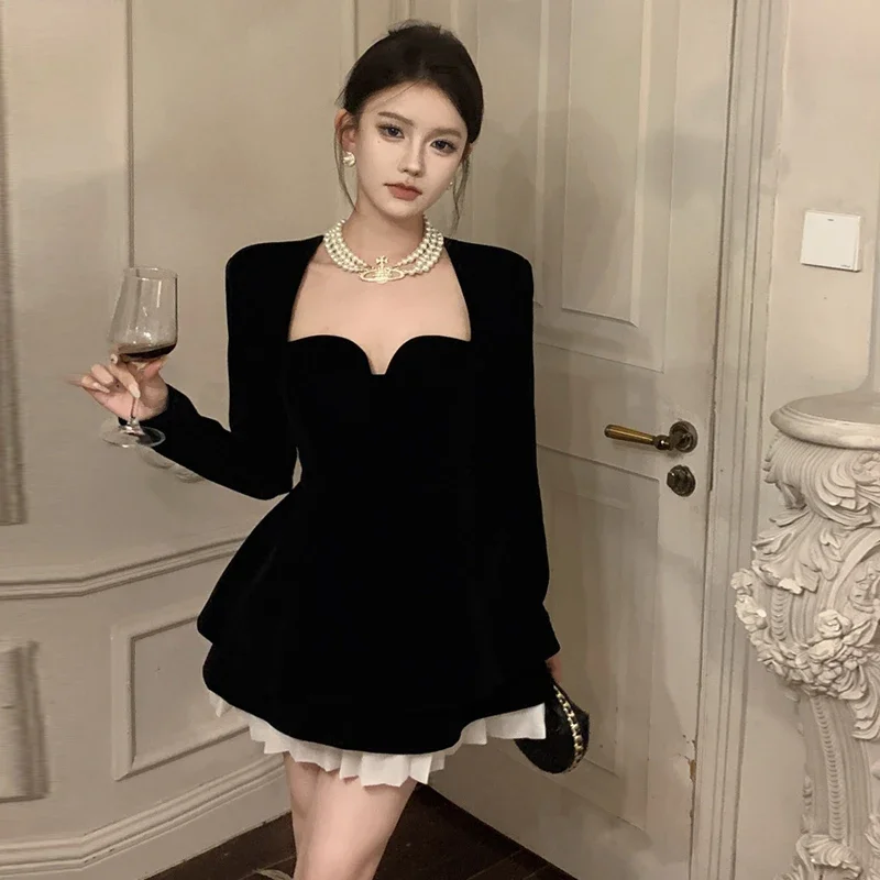 Korejepo French Retro Hepburn Dress Temperament Elegant Slimming A Line Banquet Dresses Velvet Beautiful Romantic Vestido